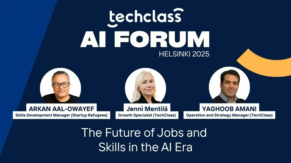 Panel card for The Future of Jobs and Skills in the AI Era with Arkan Aal-Owayef, Jenni Mentilä, and Yaghoob Amani